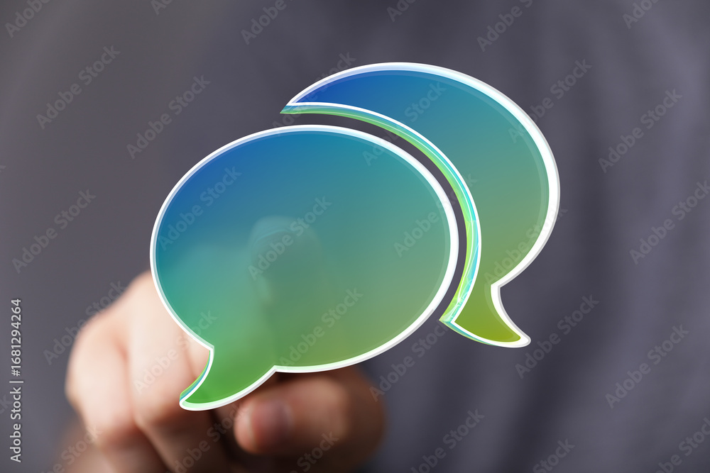 Poster abstract image of two speech bubbles, representing online communication and conversation.