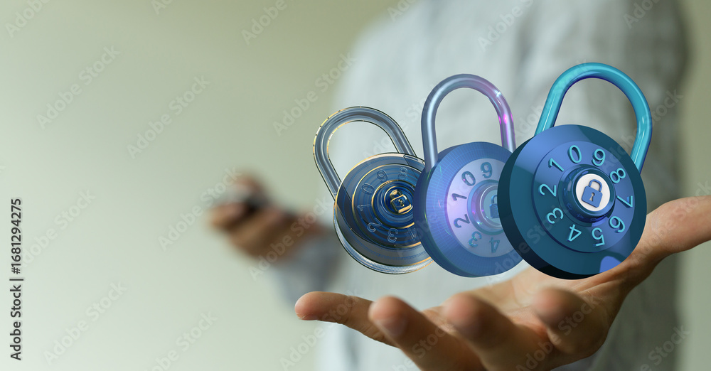 Aufkleber image of three combination locks floating above a hand, symbolizing digital security and data protec