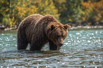 Imposing brown bear (lat. ursus arctos) poised in a river amid untouched nature hunting for fish