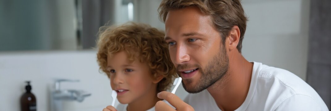 Caucasian father and son brushing teeth together in bathroom