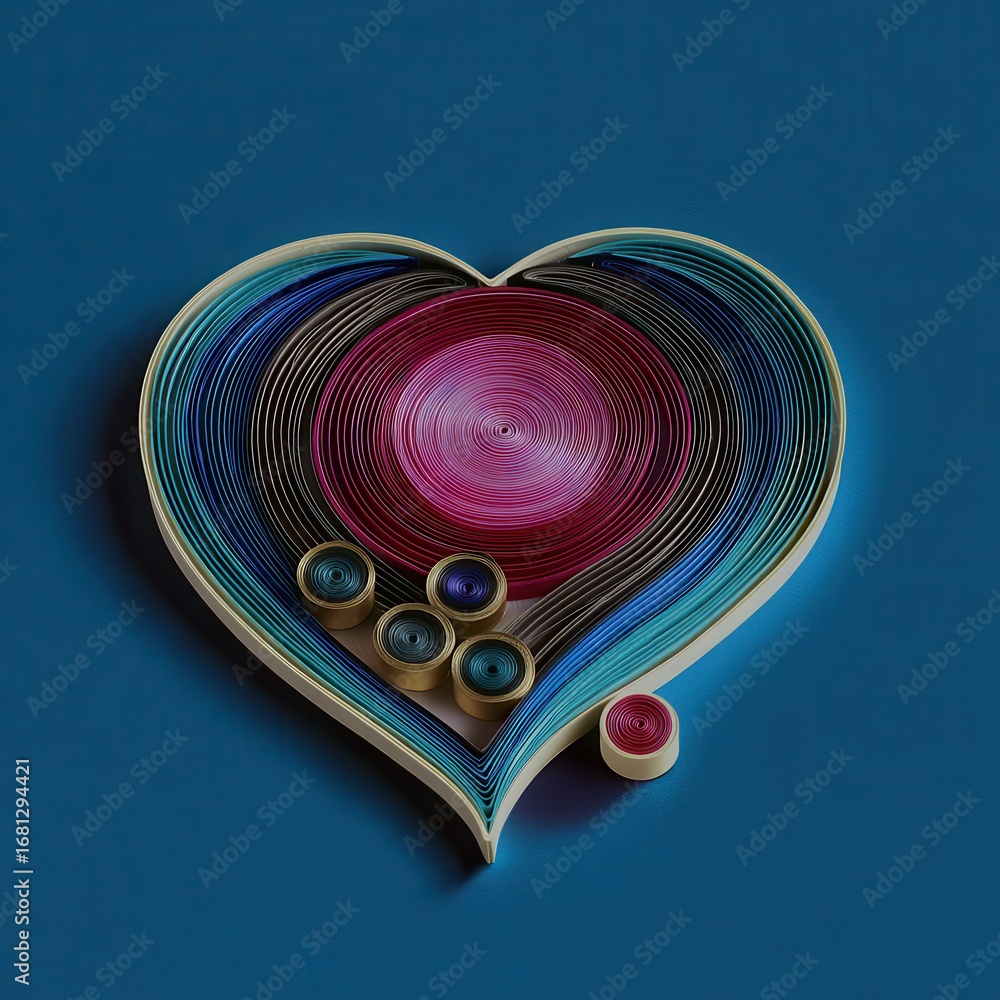 Poster heart & spiral quilling concept. artistic heart shape made of colorful lines and circular elements.