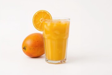 A glass filled with mango juice accompanied by a mango slice on a plain white background