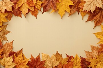 Fototapeta premium Greetings Autumn. Autumn leaves garland with a paper card on a natural backdrop. Concept of the Golden Fall season.