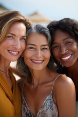 Smiling female friends: diverse caucasian, asian, and african mature women enjoying togetherness