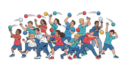 Dodgeball Action: A dynamic illustration captures the energy of a dodgeball game, with diverse figures engaged in the competitive fun, showcasing skill, coordination, and the thrill of the game.
