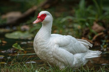 Obraz premium White Muscovy duck featuring characteristic red facial growths