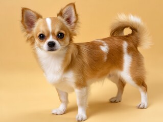 Long haired chihuahua standing alert looking at camera studio shot eye level view tan background