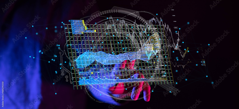 Poster hand interacting with futuristic holographic data charts and graphs. digital transformation, big dat