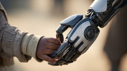 robot holding child's hand at sunset