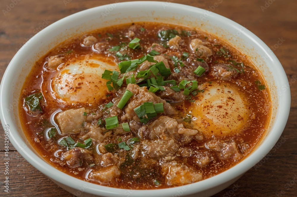 Poster pork and egg simmered in a flavorful soy-based sauce with aromatic herbs and spices, creating a rich