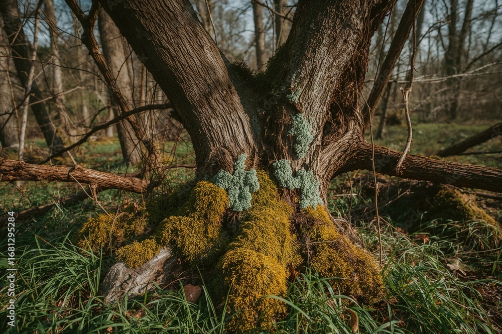Poster forest background featuring moss and lichen textures with trees and spring foliage