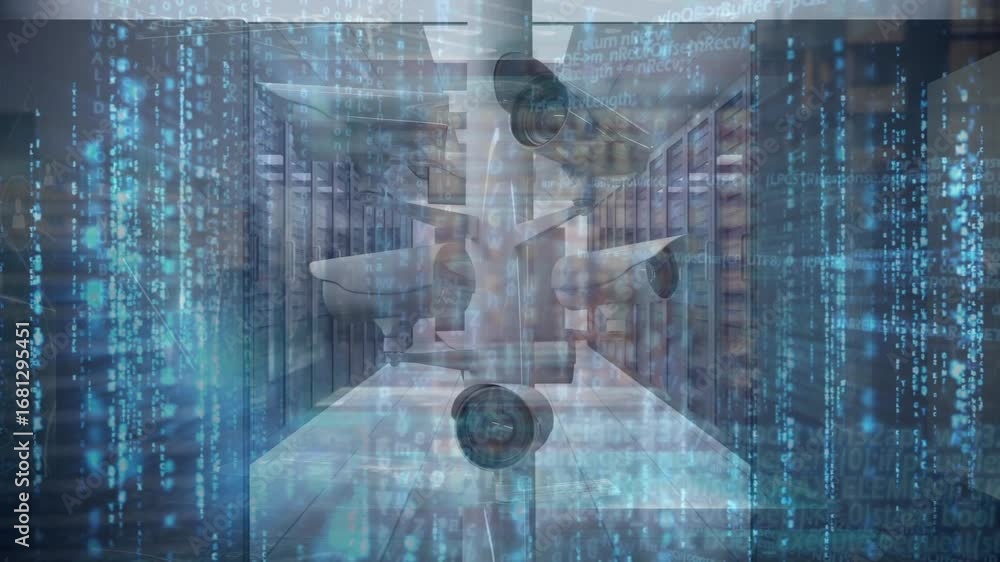 Aufkleber animation of security cameras over data processing and server room
