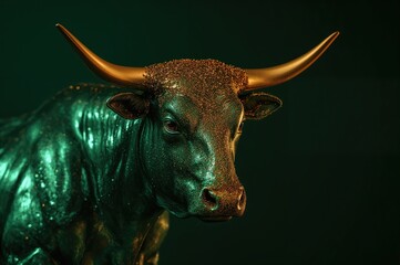 A shiny emerald bull with brown specks set against a deep green background symbolizes trends in the financial sector. Stock market theme.