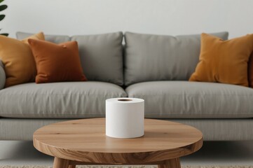 A roll of toilet paper rests on a wooden table inside a living area, positioned before a gray couch adorned with brown and orange cushions. Empty space available.