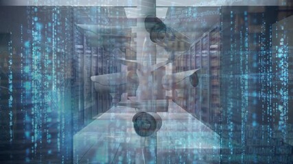 Animation of security cameras over data processing and server room - Powered by Adobe