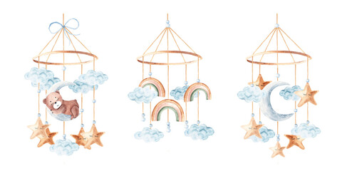 Watercolor baby cradle Mobile Set with cute teddy bear, rainbows and moon with clouds and stars. Hand drawn illustration in pastel colors of kids hanging toy. For greeting cards, gender reveal, its a