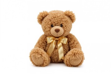 Adorable brown teddy bear on a plain white backdrop, design template for greeting card