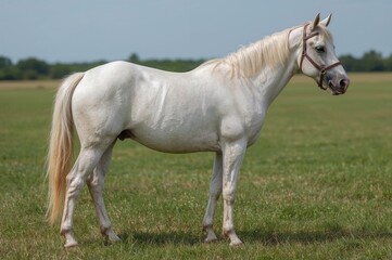 Obraz premium Pregnant Cremello Akhal Teke mare posing in a grassy field during a summer event