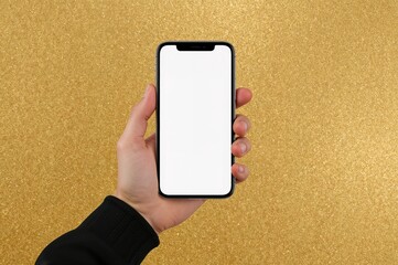Close-up of a hand gripping a smartphone with a blank display against a shimmering gold backdrop, artistic montage