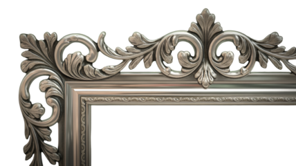 Ornate silver frame corner with baroque style isolated on transparent background