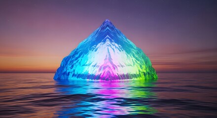 A neon glowing prism shaped iceberg floating above a calm ocean