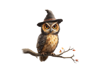Halloween Magical Owl on Branch with Witch Hat isolated on transparent White background png