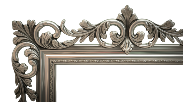 Ornate silver frame corner with baroque style isolated on transparent background