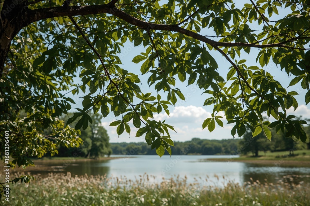 Poster tree foliage and limbs with a lake and grassy meadow in the backdrop
