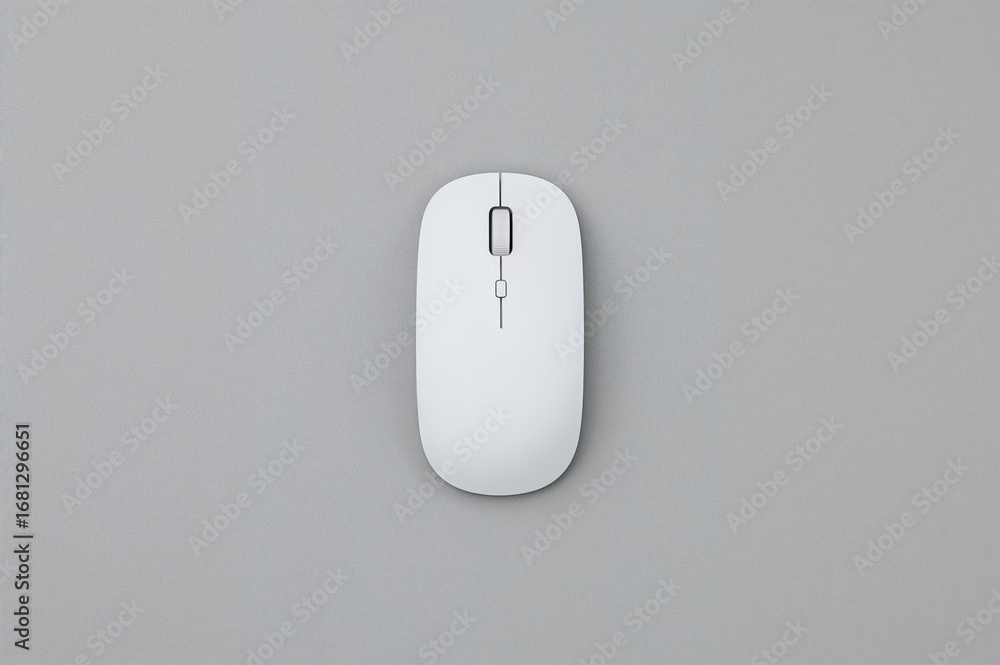 Aufkleber wireless white computer mouse on a neutral gray surface with space for text, symbolizing click-throu