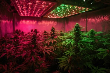 Indoor cannabis cultivation with potted plants under LED lighting.