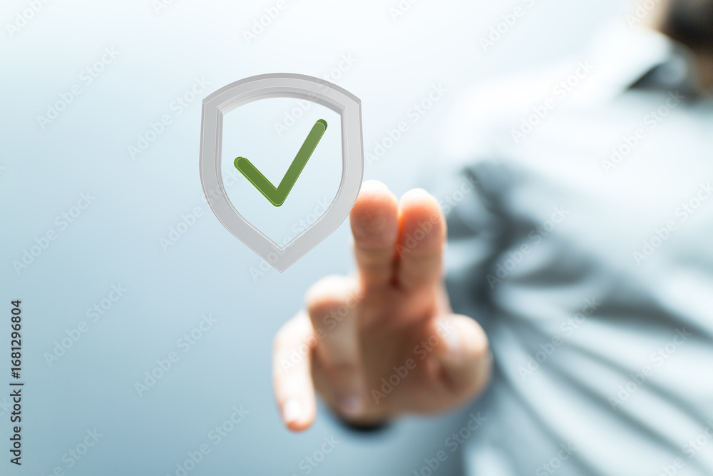 Poster image of a hand selecting a digital shield with a checkmark, symbolizing secure data protection and 