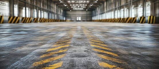 Empty industrial warehouse with marked floor lines