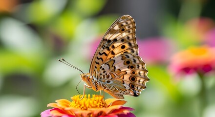 Obraz premium Beautiful butterfly on colorful flower macro photography with detailed wings