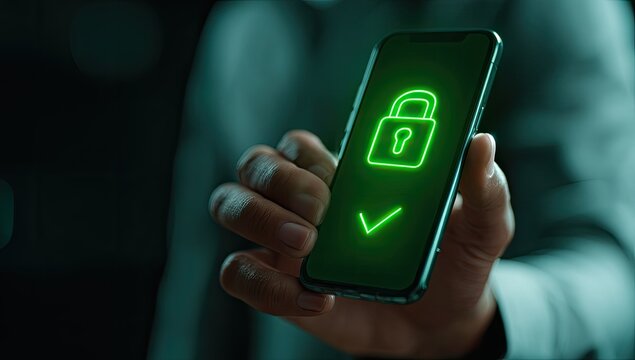 A hand holds a phone displaying a glowing green lock icon and checkmark