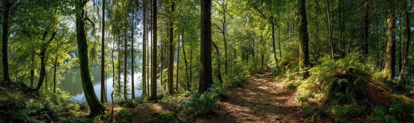 Obraz premium Lush forest path winding towards a serene lake