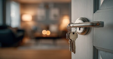 Keys in a door handle, leading to a blurred interior