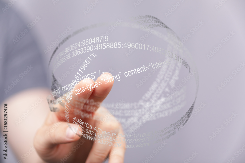 Poster hand touching a transparent sphere filled with digital code and data. concept for technology, innova