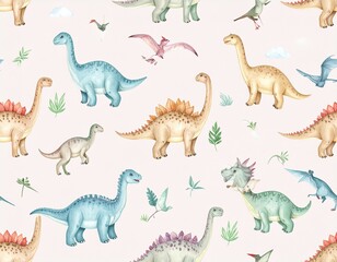  seamless pattern with baby dinosaurs. brontosaurus, tyrannosaurus, pterodactyl, tric