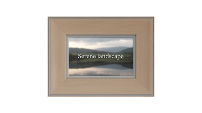 Serene landscape with mountains and lake reflecting the sky in a frame isolated on transparent background