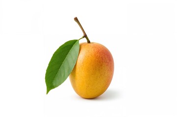 Single mango with foliage on a plain white backdrop