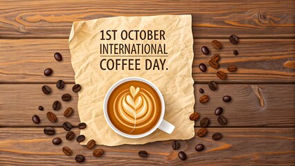 International Coffee Day Poster with Latte Art Cup on Wooden Table
