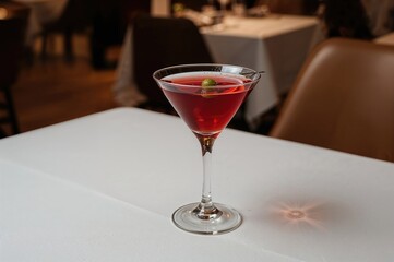 Fototapeta premium Red cocktail served in a martini glass on a dining table