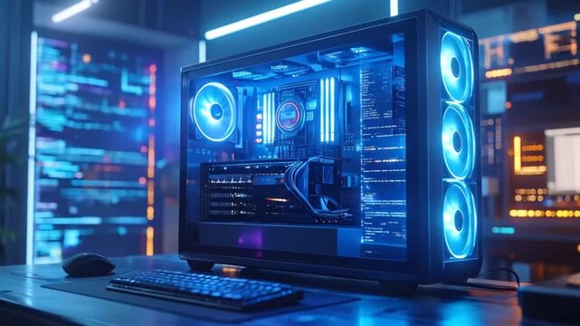 High-End Gaming PC Build with Neon Lighting and Code Display
