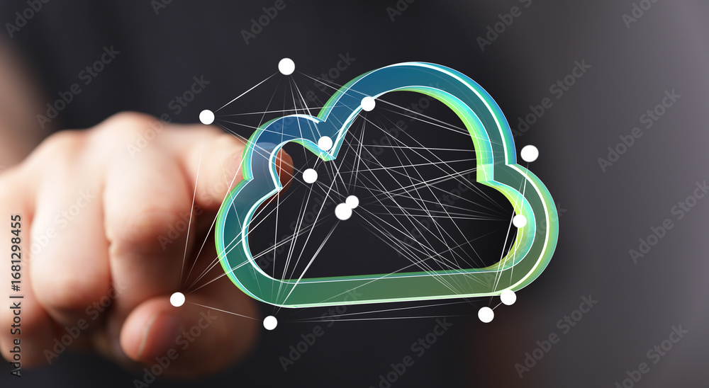 Poster hand pointing at a digital cloud icon, representing network connectivity and cloud computing.