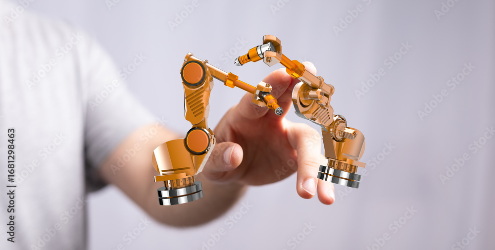Poster image of a hand manipulating robotic arms, showcasing advanced automation and technology.