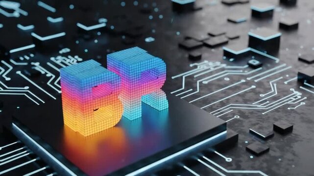 "BR" letters rendered in 3D, with a circuit board background, suggesting technology or branding.