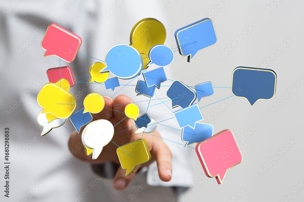 Poster abstract image of interconnected speech bubbles, symbolizing global communication and networking.