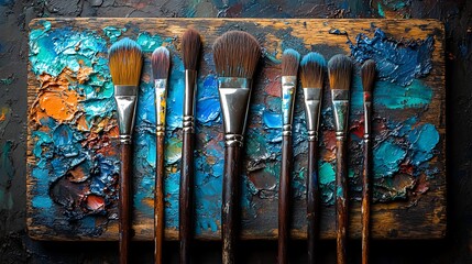 Artistic palette with brushes showing vibrant oil paints and tools for painting photo