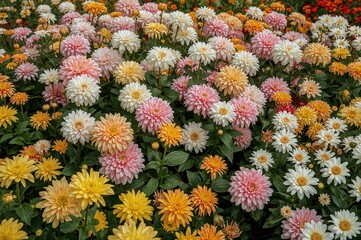 A colorful display of blooming chrysanthemums in a lush garden setting, highlighting shades of pink, yellow, white, orange, and green for nature lovers