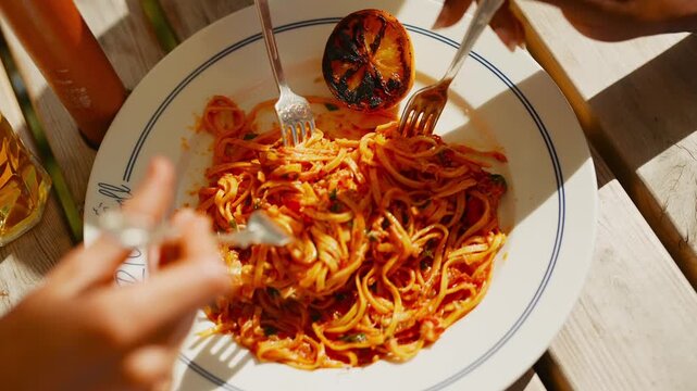 A plate of spaghetti with a fork and knife on it. The plate is on a table and there are two people eating | celebrating diversity and inclusion